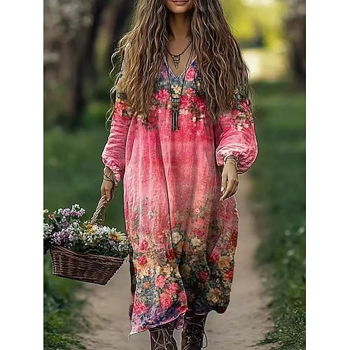 Damen Boho Kleid Blumen V-Ausschnitt Maxikleid Vintage Kleid Print Kleid Mode Modern Sommer Frühling Image