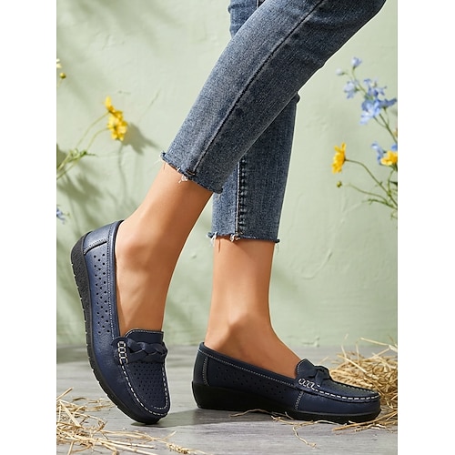 Damen perforierte Mokassin Penny Slipper - Bequeme weiße Slipper mit geflochtenem Detail für den Alltag Büro und lässige Ausflüge Image
