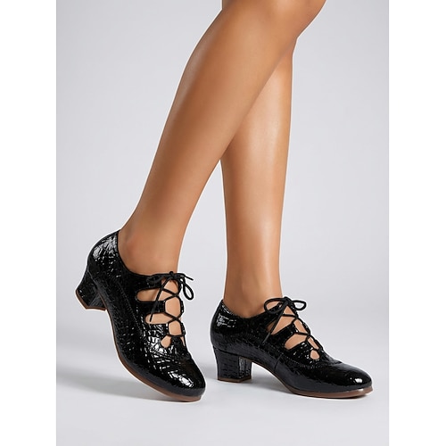 Schwarze Damen-Tanzschuhe aus Lackleder mit Schnürung – bequeme professionelle Tanzschuhe mit Absatz Image