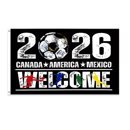 Willkommensbanner für Fußballfans 2026, USA, Kanada, Mexiko (Gastgeberländer), Gartendekoration, Geschenk für Fußballbegeisterte, 152 x 91 cm Image