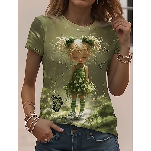 Damen T Shirt Druck Grafik Tiermotiv Vintage Stilvoll Klassisch Kurzarm Rundhalsausschnitt Rundhals Normale Oberteile Täglich Wochenende Hellgrün Grün Regenbogen Sommer Frühling Image