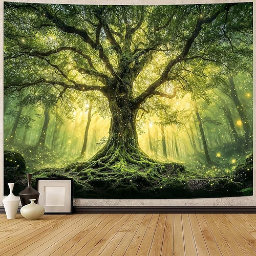 Wandteppich mit verwunschenem Wald, uraltem Lebensbaum, Sonnenstrahlen, moosbewachsenem Baum, grünem Laub, Naturlandschaft, Wohnzimmer-/Schlafzimmerdekoration, Wandbehang, Wandbild, Hintergrund Image