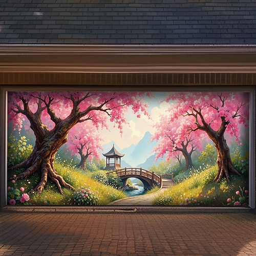 Japanischer Zen-Garten, Frühlingslandschaft, rosa Kirschblüten (Sakura), Pavillon, Bogenbrücke, Berg, Garagentor, Banner, Wandmalerei im Freien, Wanddekoration, Gartenparty-Kulisse