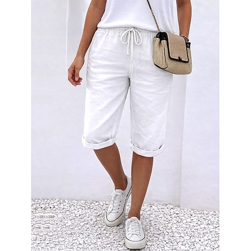 Damen Leinenähnliches Faux Baumwoll Leinen Freizeit Hose Urlaub Basic Knie-Länge Mittlere Taille Unifarben Bequem Unelastisch Khaki Sommer Frühling Image