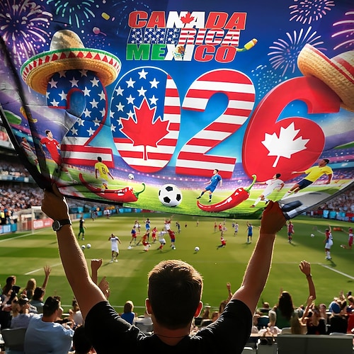 Hintergrund mit Bannerflaggen zur Fußball-Weltmeisterschaft 2026 und nationalen Symbolen, perfekt für WM-Feierlichkeiten und Sportveranstaltungen, farbenfrohe Flagge zur Unterstützung der Fans. Image