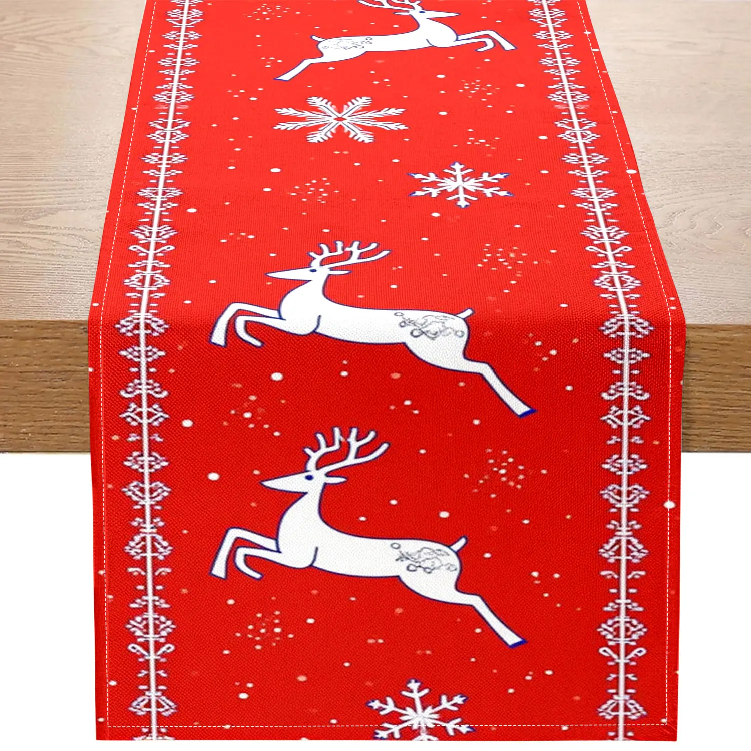 1-teiliger Weihnachts-Tischläufer mit Rentier-Motiv, verziert mit weißen Rentieren, Schneeflocken und roten Hintergrundmustern, geeignet für Weihnachts- und Feiertagsdekoration Image