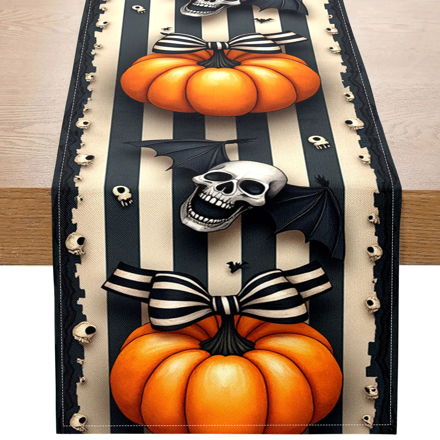 1-teiliger Halloween-Tischläufer mit dunklem Thema, mit Kürbis-, Totenkopf- und Schwarz-Weiß-Bogenmustern, geeignet für Halloween-Partys und dunkle Dekorationen Image