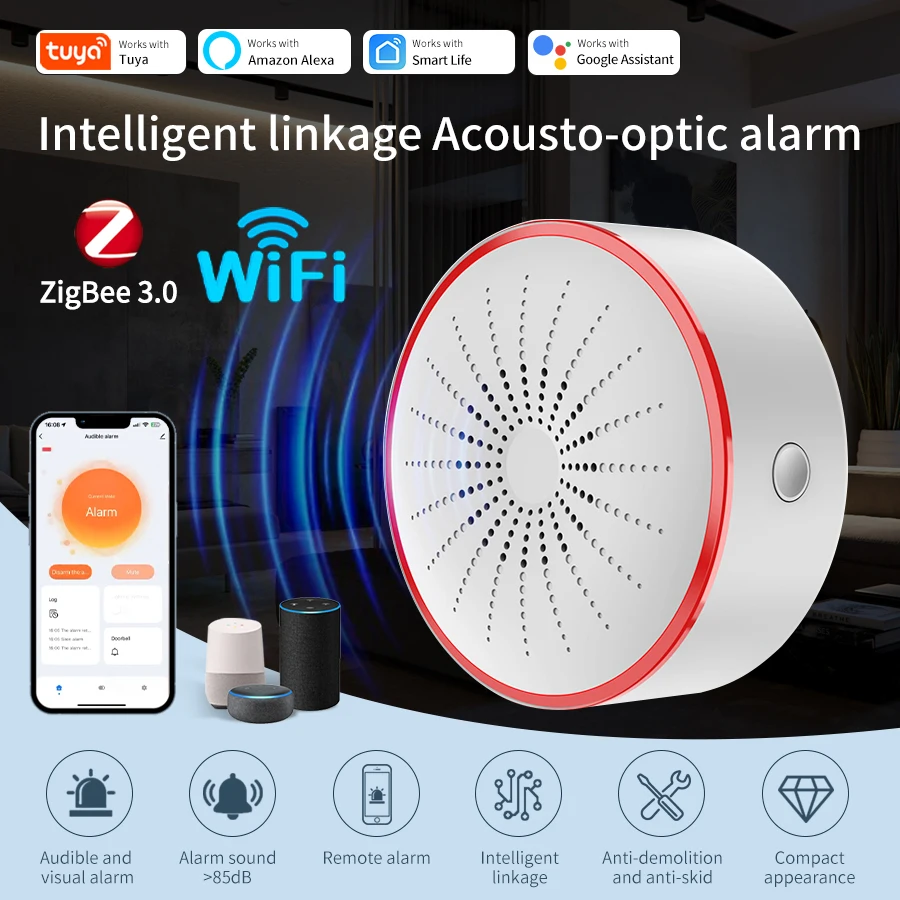 2-in-1 Tuya Zigbee Smart Siren Alarm für die Sicherheit zu Hause, 100 dB Lautsprecher, funktioniert mit Alexa Yandex Alice Sound & Light Alert Image