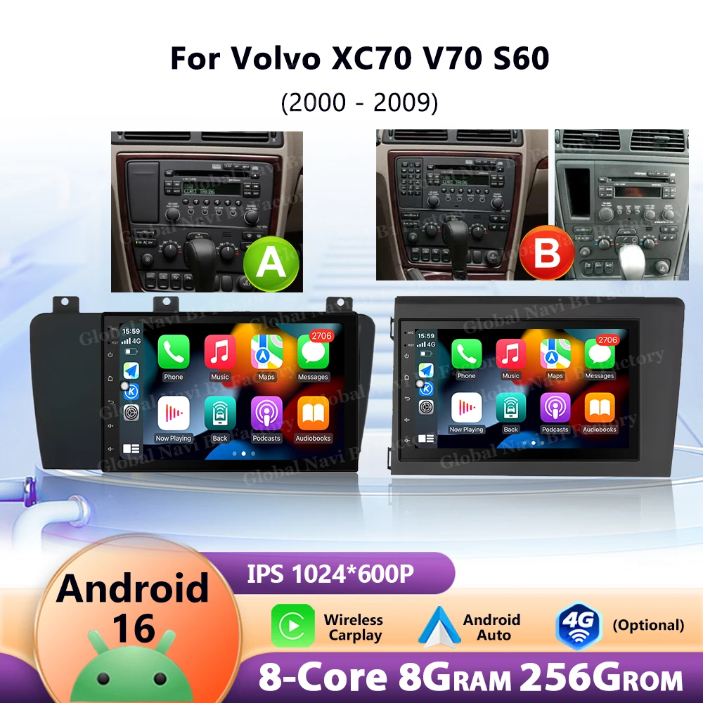 Drahtlose CarPlay 7 Zoll Android 16 System Für Volvo XC70 V70 S60 2000-2009 Auto Radio Multimedia Navigation GPS WIFI DSP Stereo Image