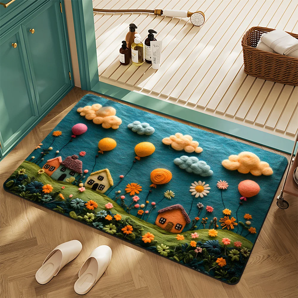 3D Flower Cartoon House Balloon Embroidered Bathroom Door Mat Soft Non-slip Rug Carpet for Kids Playroom Home Decoration Rug
