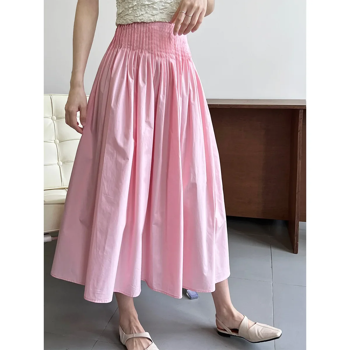 Vintage Retro Damen Rosa Hohe Taille Plissee Midirock A-Linie Rosa Vintage Sommer Elastische Taille Modetrends Lässiger Rock