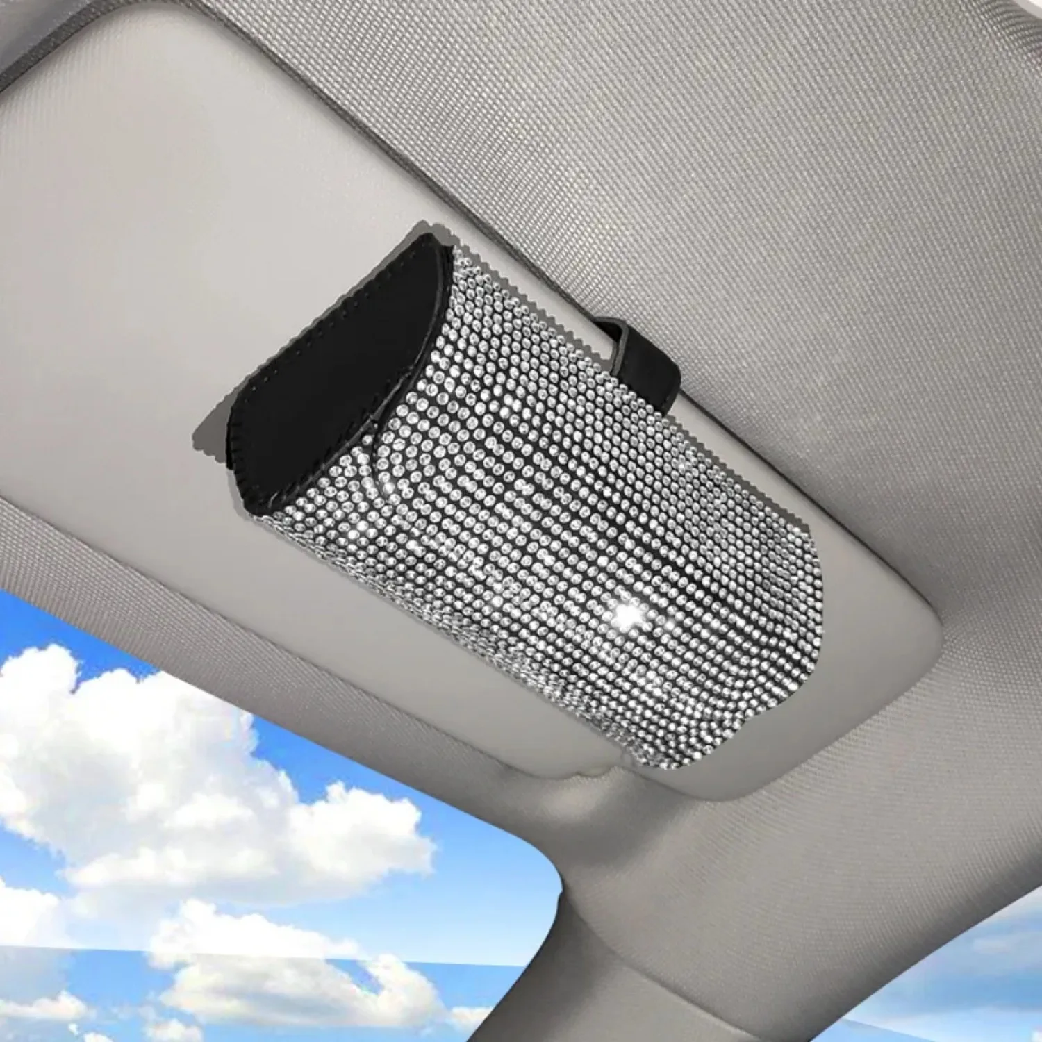 Kristall Auto Brillenetui Sonnenbrille Aufbewahrungsbox Brillenhalter Sonnenblende Brillenetui Bling Autozubehör Innenraum für Frauen Image