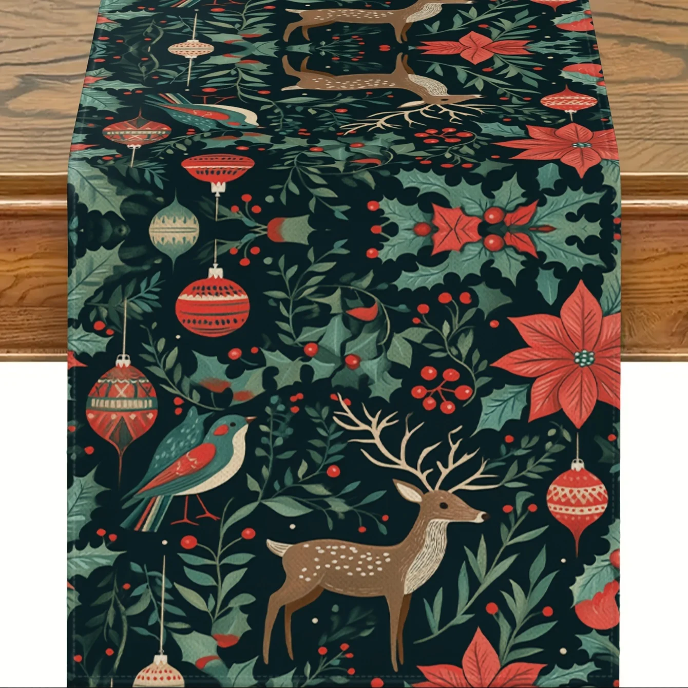 1-teiliger Retro-Weihnachtswald-Tischläufer, bemalt mit Rentieren, bunten Vögeln, Weihnachtskugeln, Stechpalmenblättern auf dunklem Hintergrund, geeignet für Weihnachtsessen, Feiertagsfeiern, Image