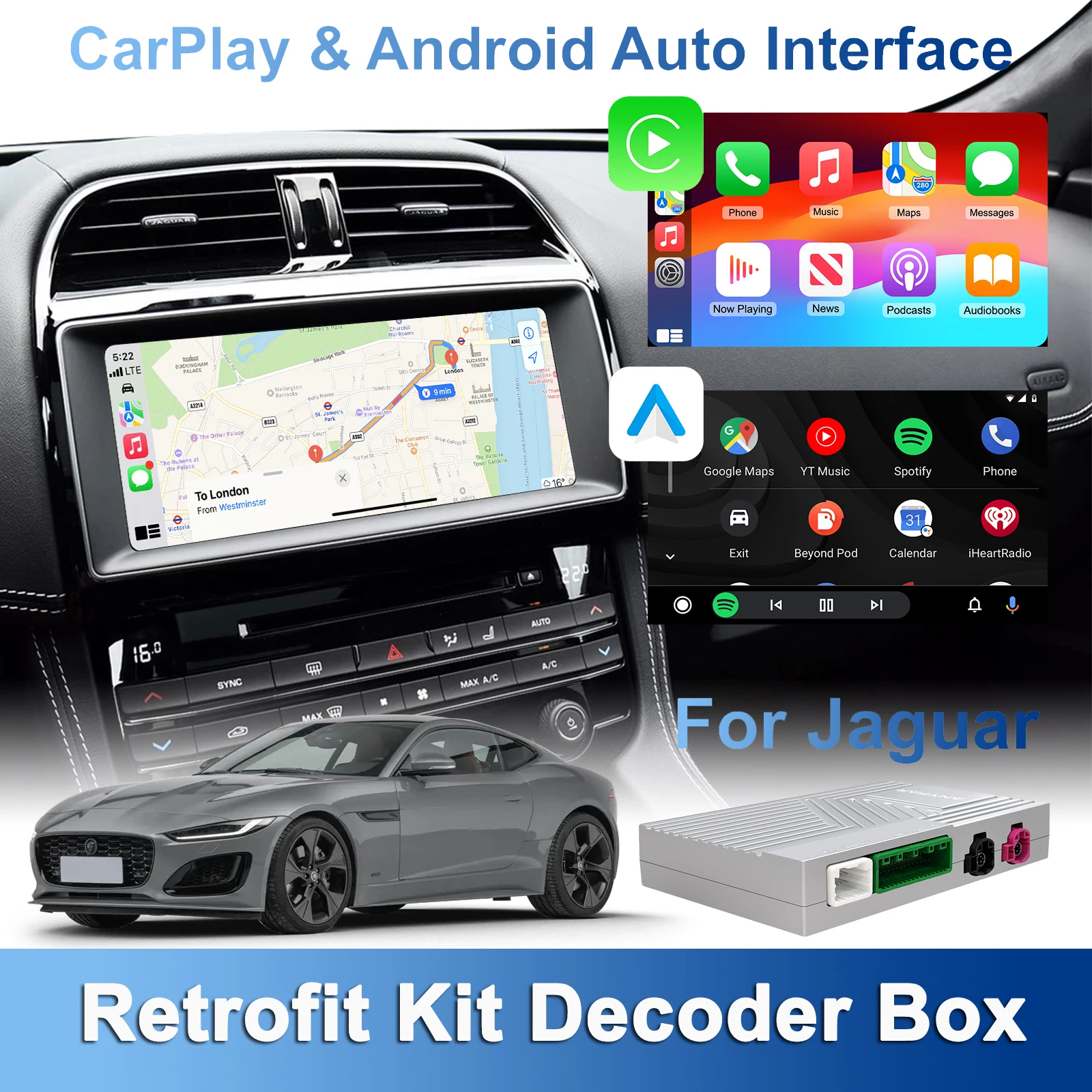 Drahtloses CarPlay Android Auto Retrofit Kit für Jaguar XE XF F-Type 2016–19 Modelle mit 8"/10,25" Bildschirm. Halten Sie OEM-Bildschirmsteuerungen Image