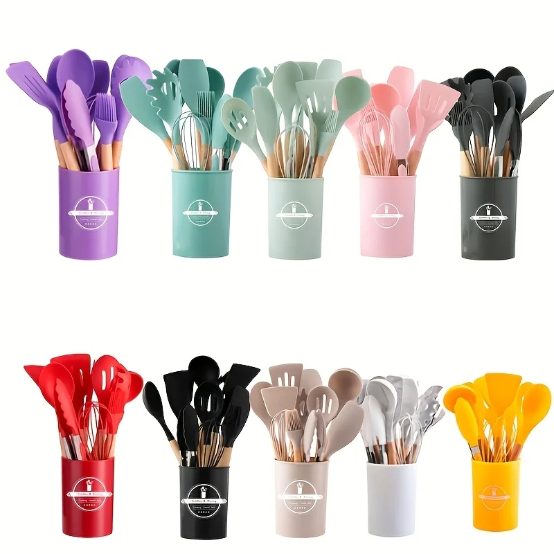 Ensemble d'ustensiles de cuisine en Silicone, 12 pièces, pour poignée, Pot antiadhésif, ensemble d'ustensiles de cuisine, seau de rangement, Accessoires résistants, ustensiles de cuisine