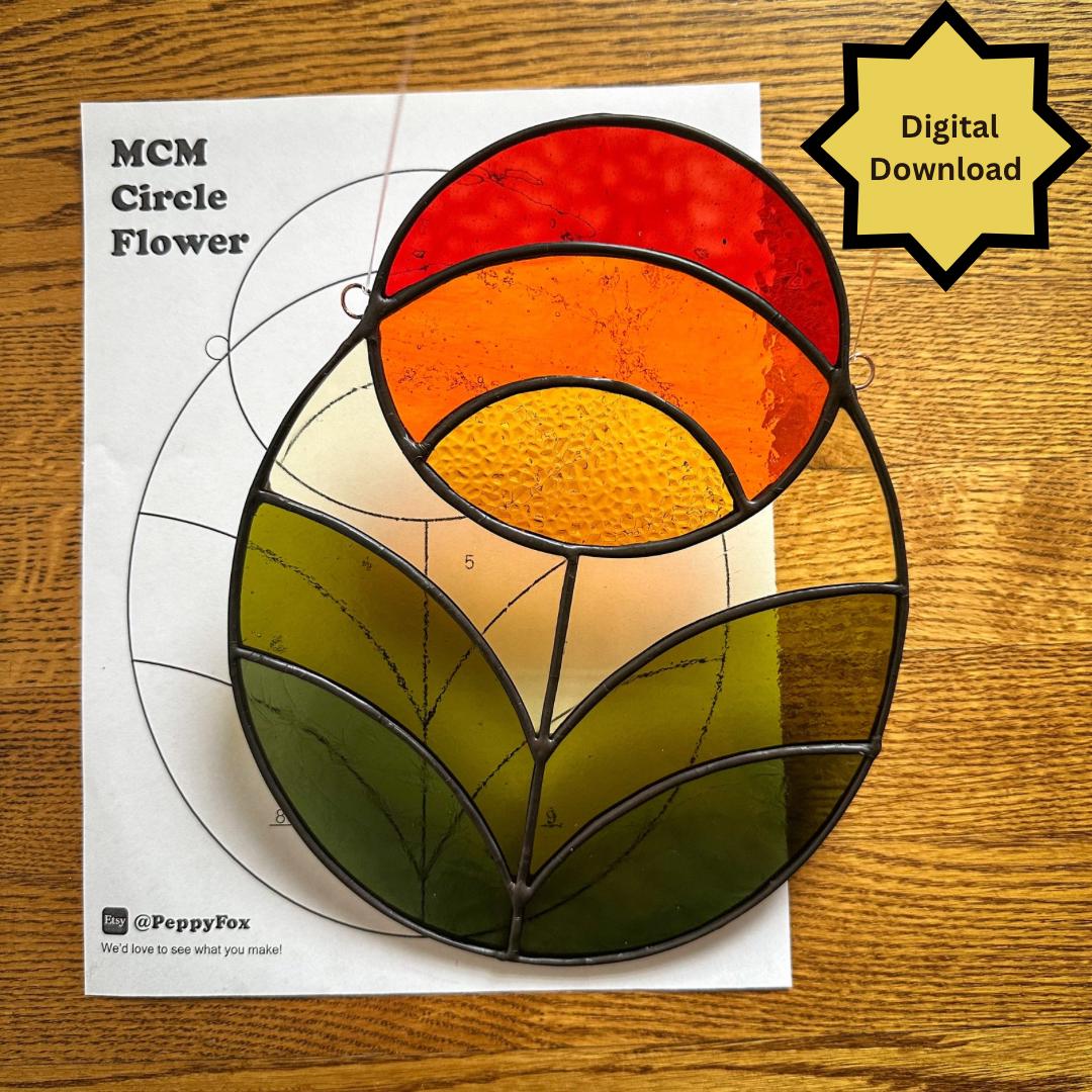 Modello per vetrate colorate - FILE DIGITALE (pdf png) - MCM Circle Flower Retro - Modello per acchiappasole per principianti/facile - Licenza hobby e