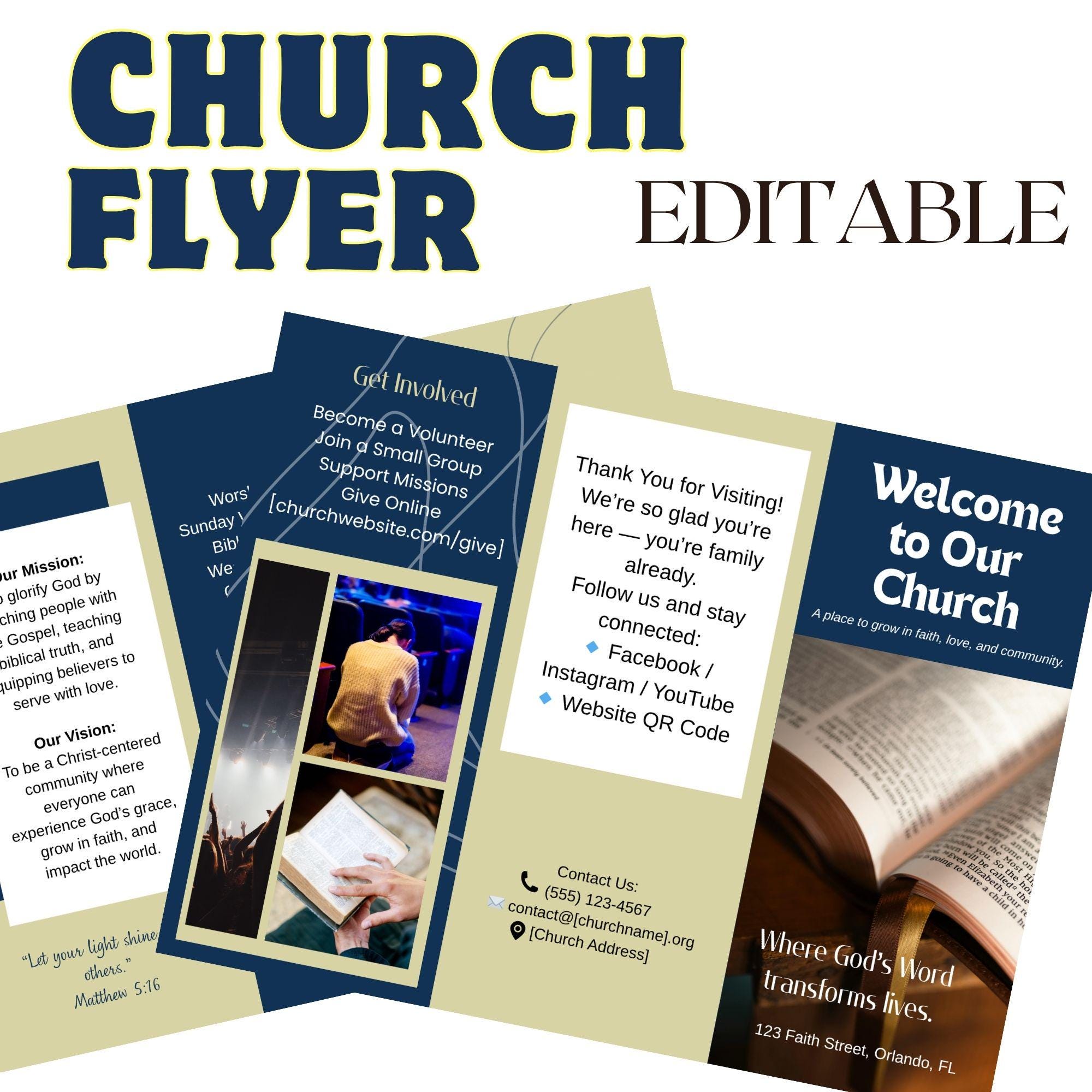 Modello di brochure a tre ante per chiesa | Modello Canva modificabile | Opuscolo ministeriale | Volantino di benvenuto per chiesa | Brochure cristian