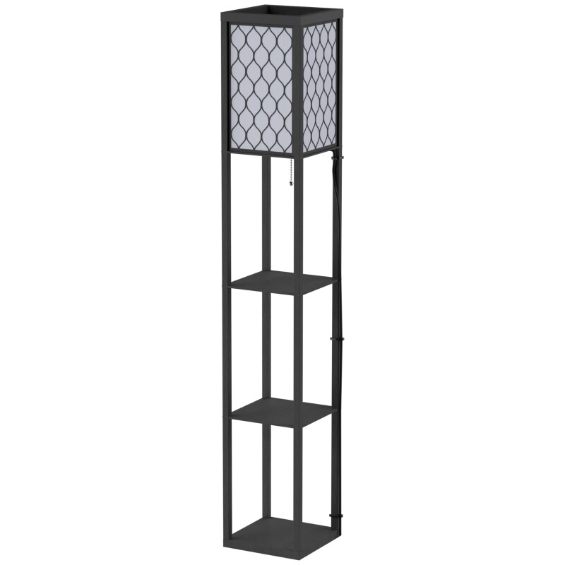 STILVORA Stehleuchte mit Regal 26x26x160 cm E27 bis 40 W mit Textilschirm und Zugschalter, MDF in Schwarz, modernes Wohnlicht Image