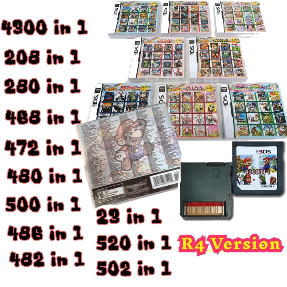 Cartes de jeu Pokémon DS NDS 3DS 3DS NDSL, cartouche de jeu vidéo, lecteur portable (carte R4) 4300in1/208in1/23in1/482in1...