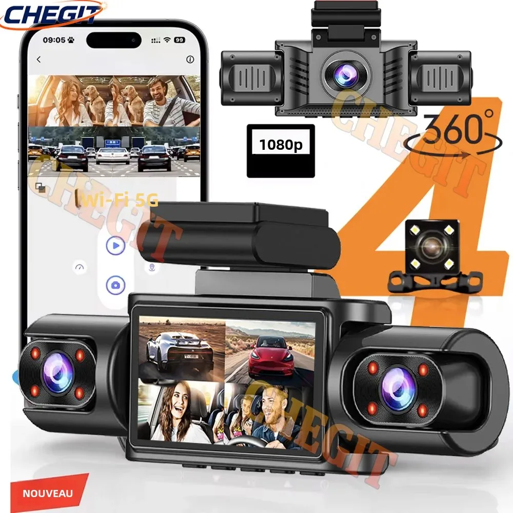 Nouveau 360 2026 ° Caméra embarquée pour voiture 3/4 canaux WiFi APP Caméra embarquée HD 1080P Enregistreur vidéo de voiture Enregistrement en boucle Vision nocturne Ajouter un moniteur de