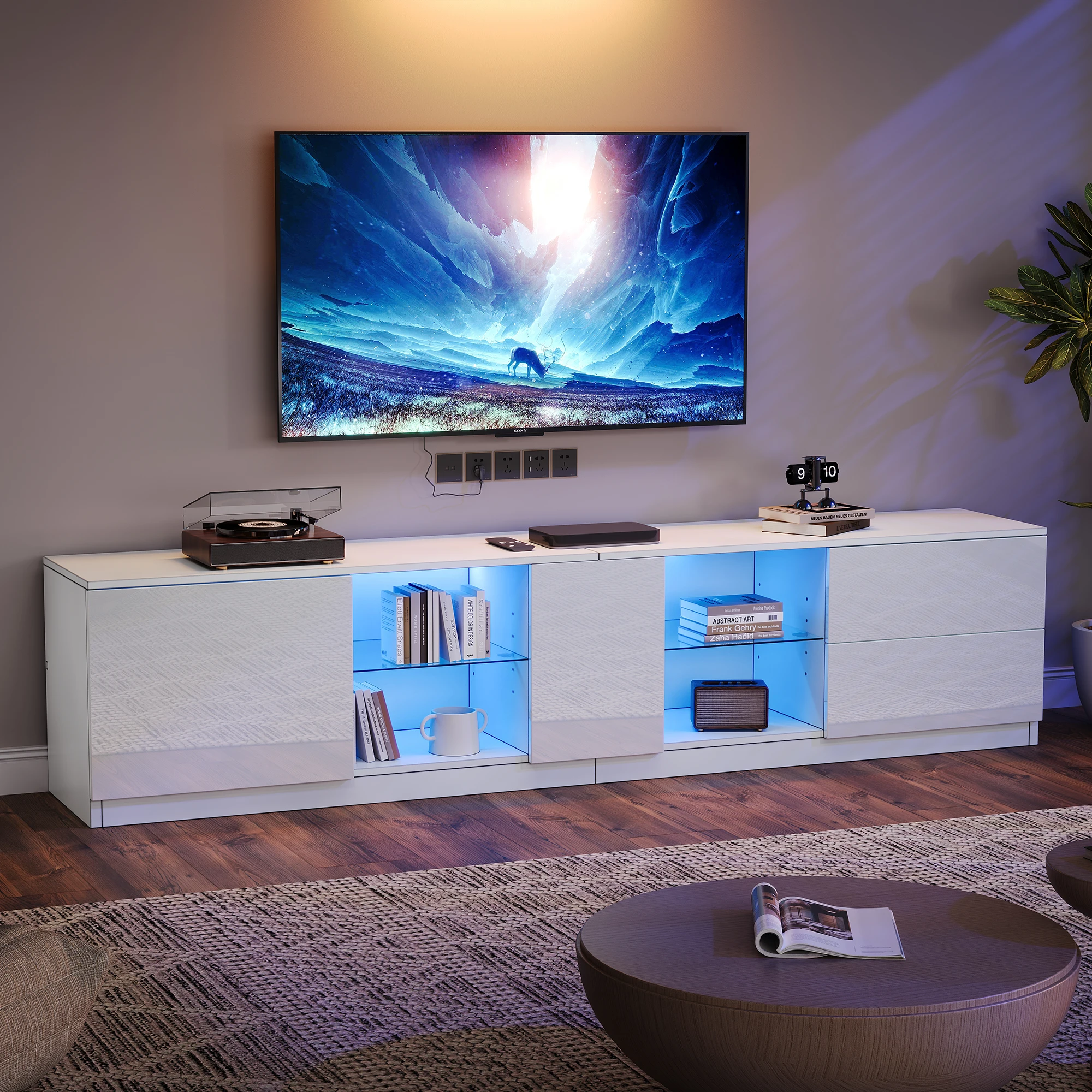 Meuble TV 160 x 40 x 52 cm, commode brillante, meuble de rangement avec éclairage LED, meuble bas adapté aux téléviseurs de 65 pouces, adapté pour