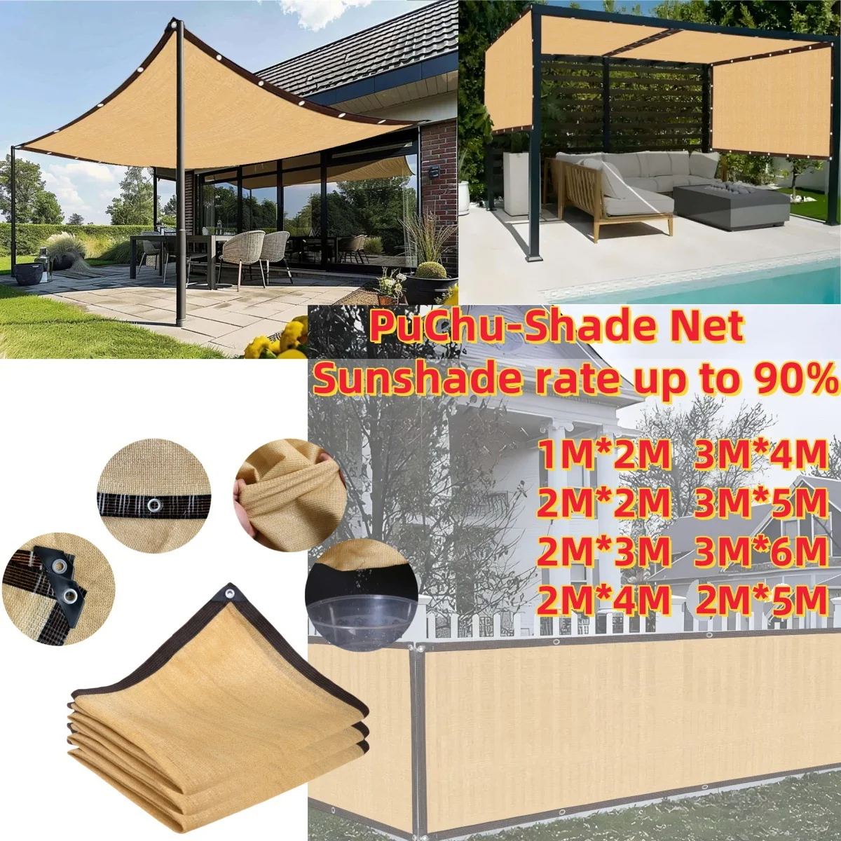 Schattentuch, 90 % Sonnenschutzstoff, Sichtschutzabdeckung mit Ösen, Terrassenüberdachung, Schattennetz für Garten, Outdoor, Pergola Image