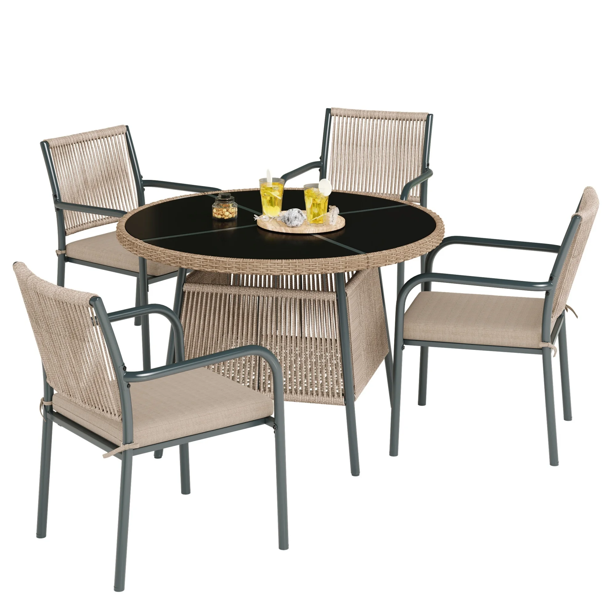 Modernes Rattan-Gartenmöbel-Set, runder Glastisch + 4 Sessel, Eisenrahmen, geeignet für Terrasse/Balkon/Deck
