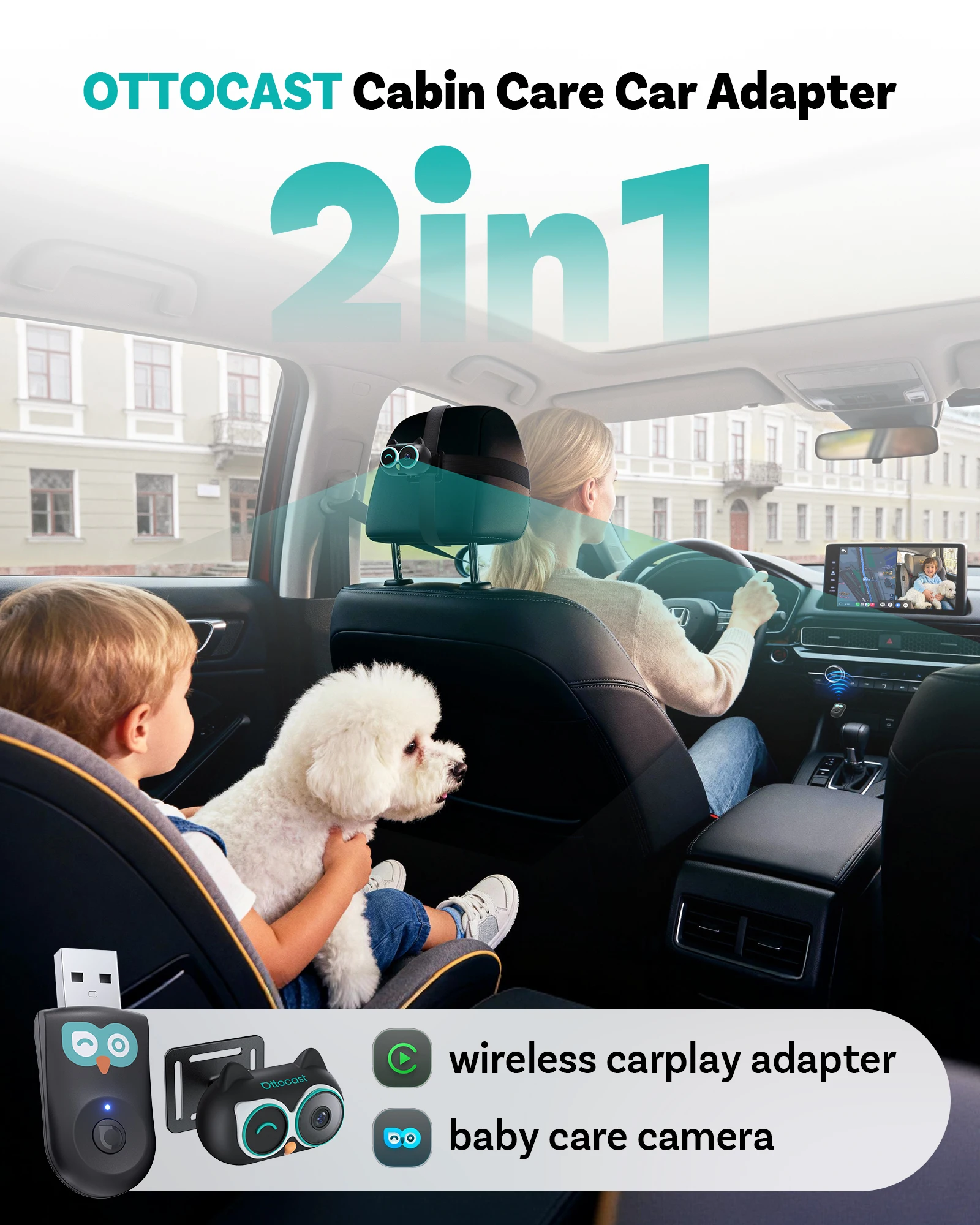 Ottocast Cabin Care Kabelloser CarPlay-Adapter mit Baby-Autokamera 150 ° Weitwinkel-Nachtsichtkamera für Autos mit kabelgebundenem CarPlay Image