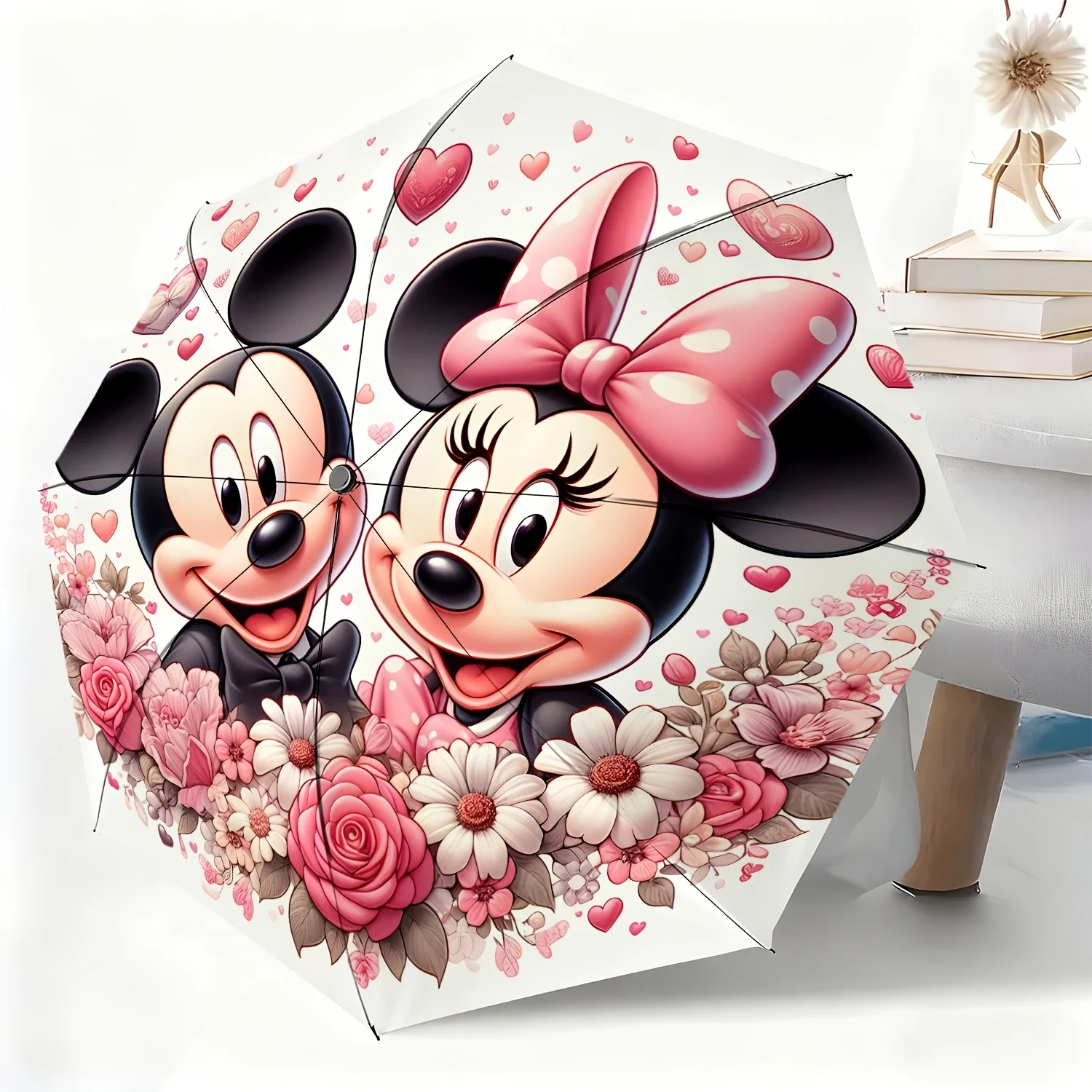 1 Stück Disney Mickey & Minnie Maus Cartoon-Muster Automatik-Regenschirm, Allzweck-Regenschirm für Sonne und Regen, Tragbar Image