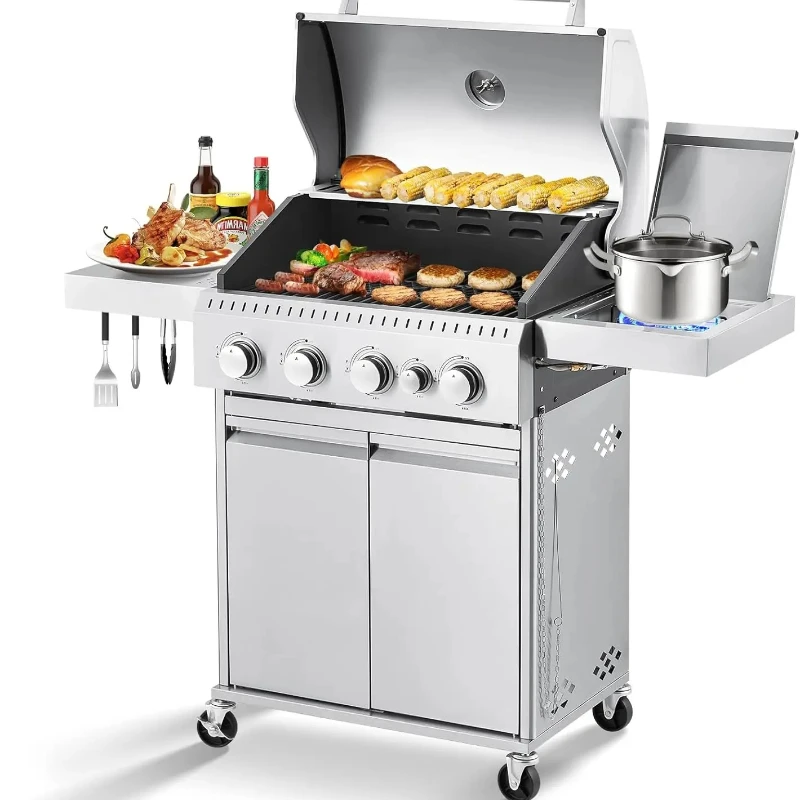 Edelstahl 4-Brenner BBQ Propangasgrill mit Gusseisen-Grillrosten & Seitenkochfeld, Edelstahl 44000 BTU Brenner