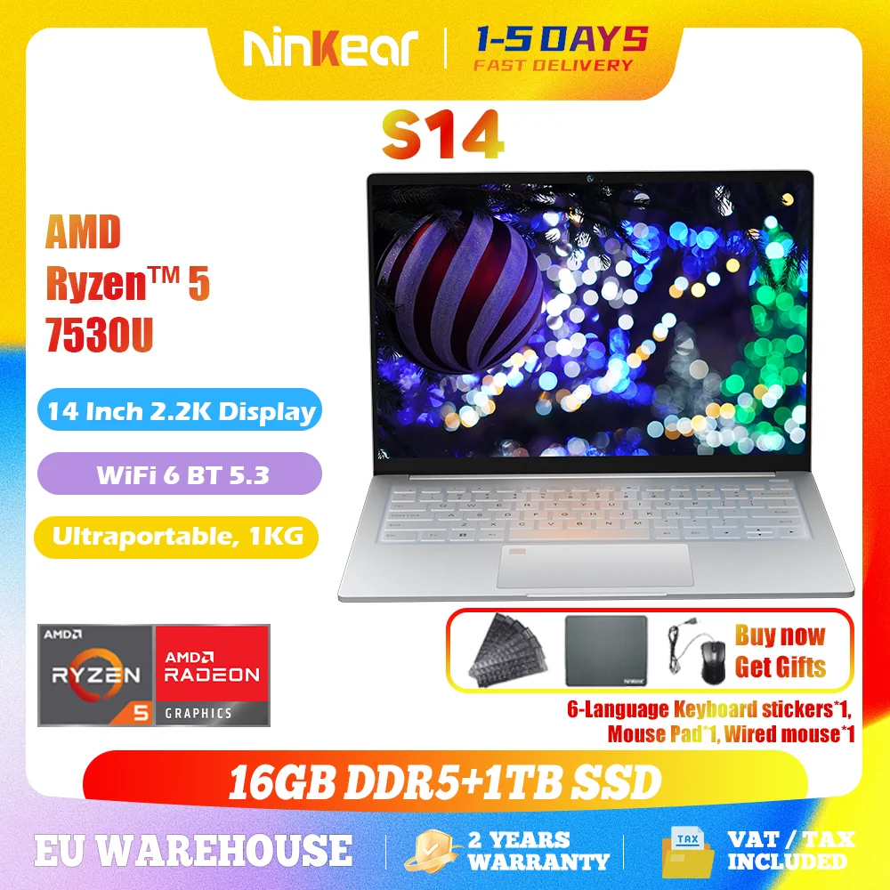 Ninkear S14 Ultra-tragbarer Laptop mit 1KG Gewicht AMD Ryzen 5 7530U 14 Zoll 2,2K Display Windows 11 Pro 16GB LPDDR5 1TB SSD PC Image