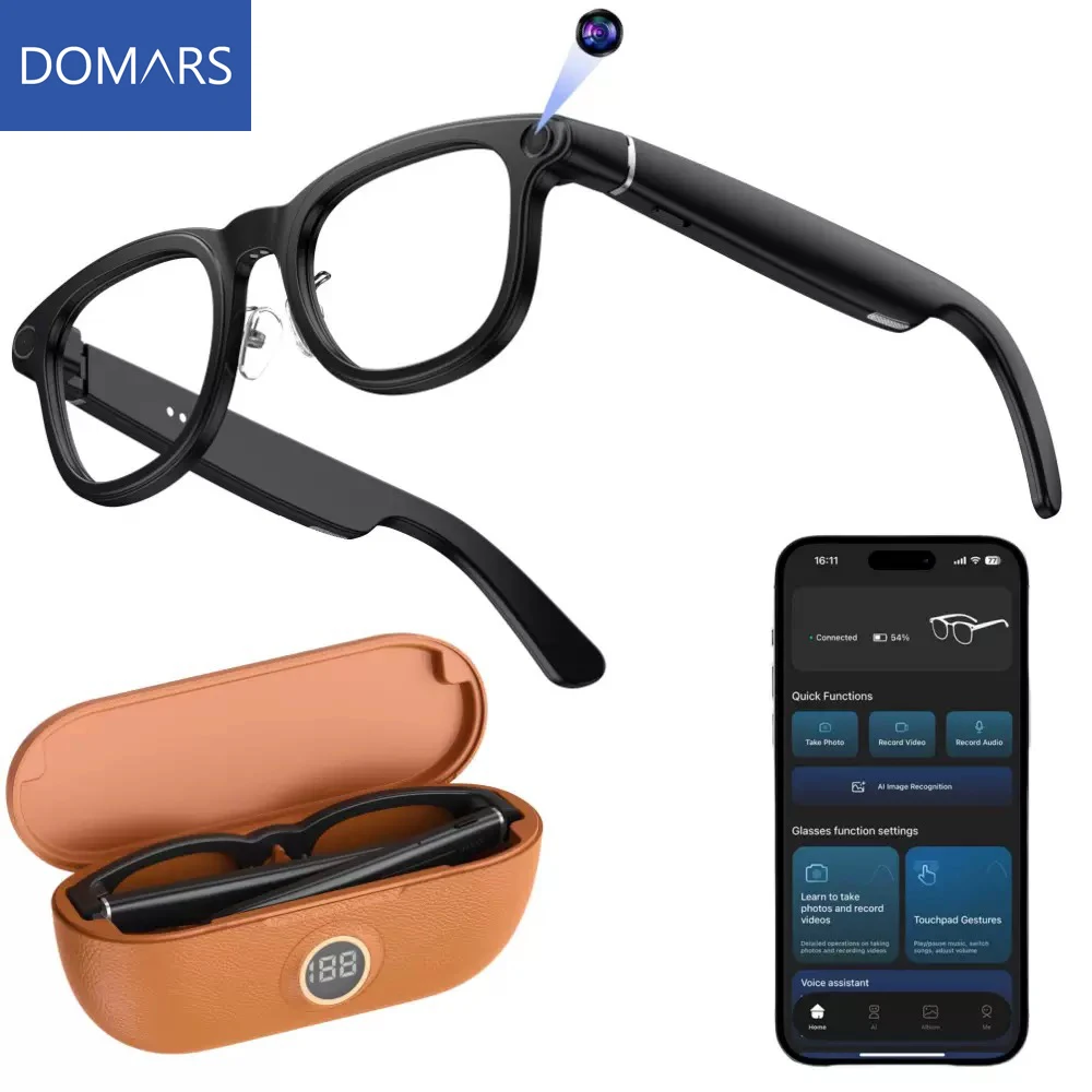 Domars Smarte KI-Brille mit 8MP Kamera, Echtzeit-KI-Übersetzung, 1200P Videoaufnahme, Musikwiedergabe und 3600mAh Ladecase Image