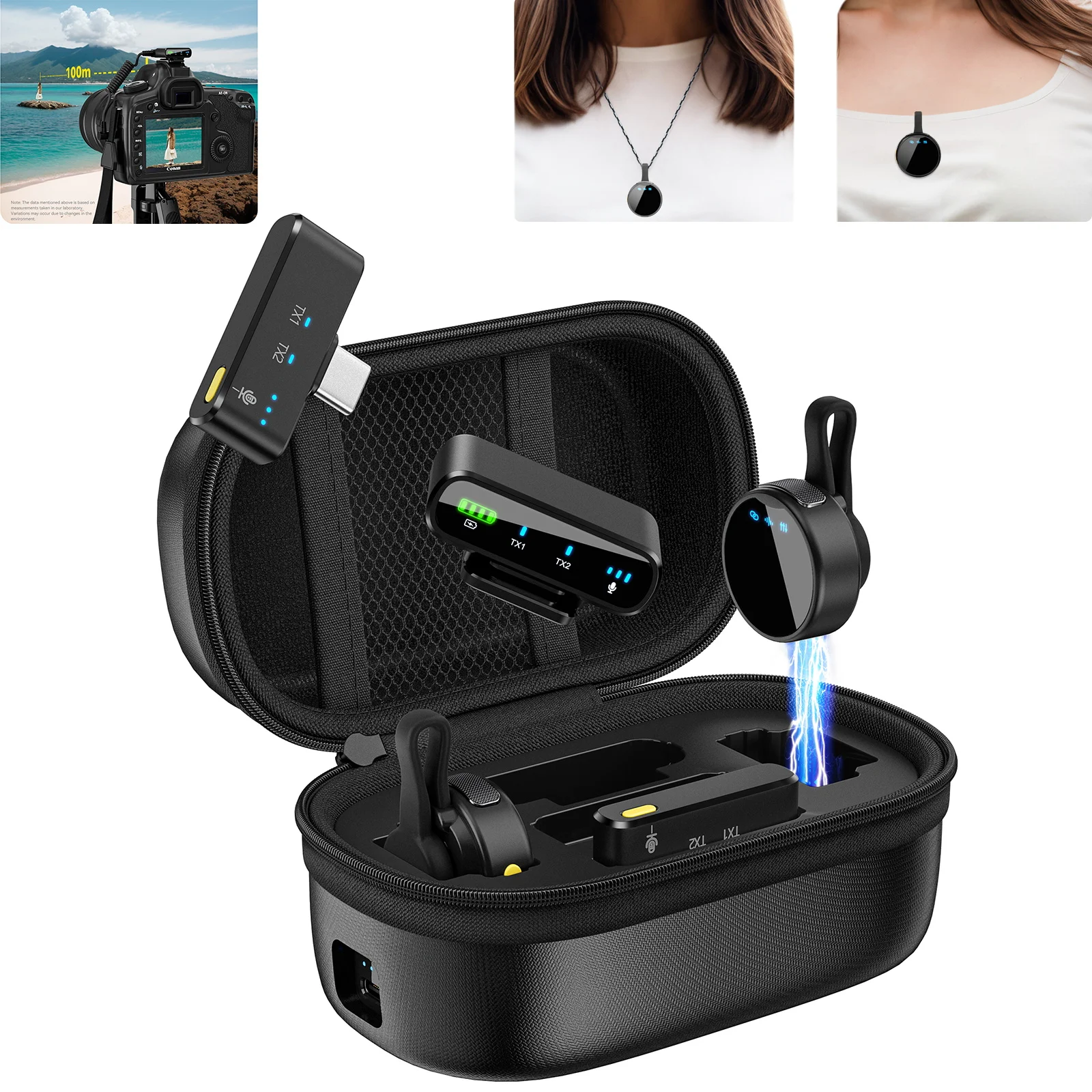 100M Kabelloses Mikrofon für Kamera Professionelles Lavalier-Mikrofon mit Geräuschunterdrückung und Ladebox für Videoaufnahmen und Live-Übertragungen Image