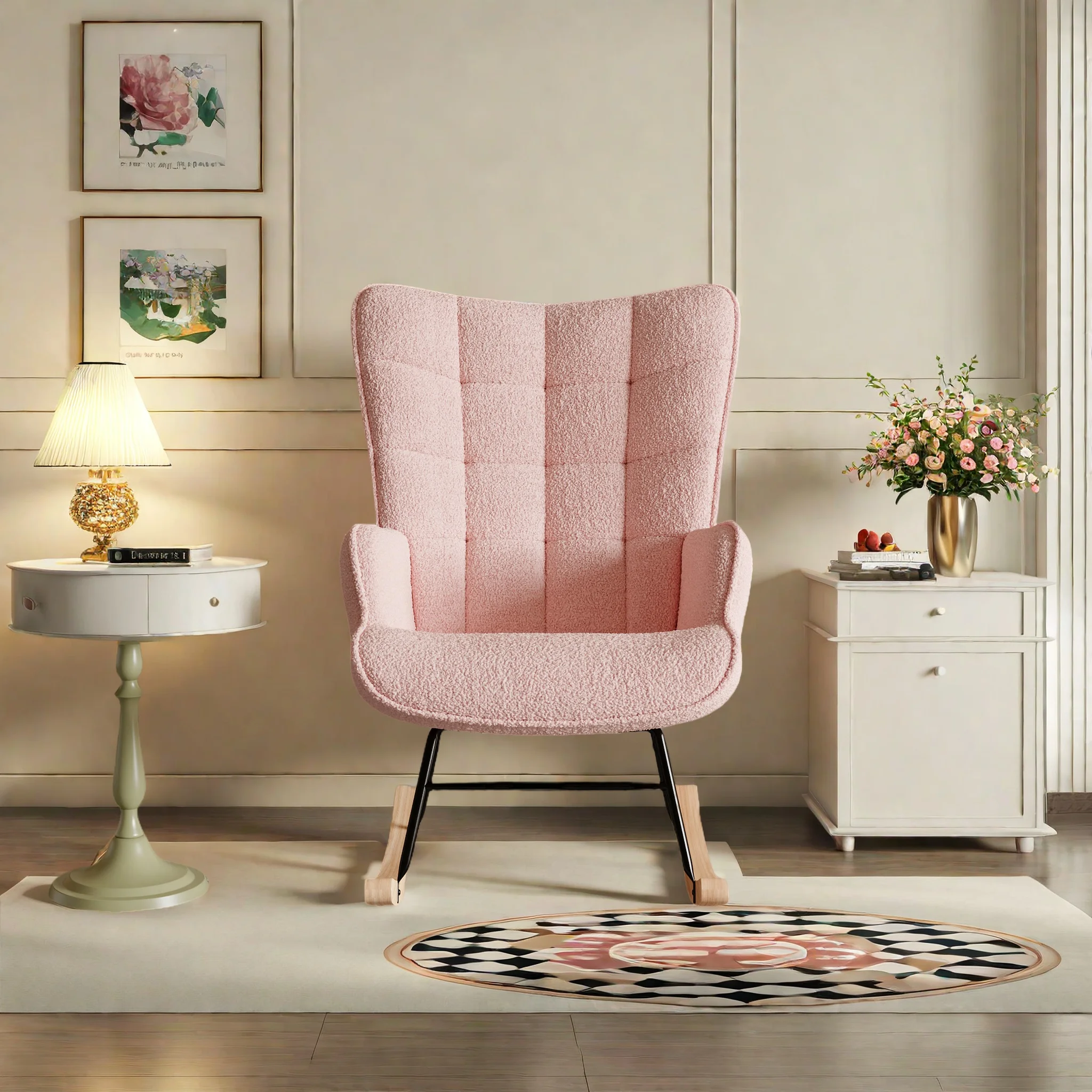 Schaukelstuhl, Wohnzimmerstuhl mit karierter Rückenlehne, Teddysamt, Loungesessel, Lesesessel, rosa Image
