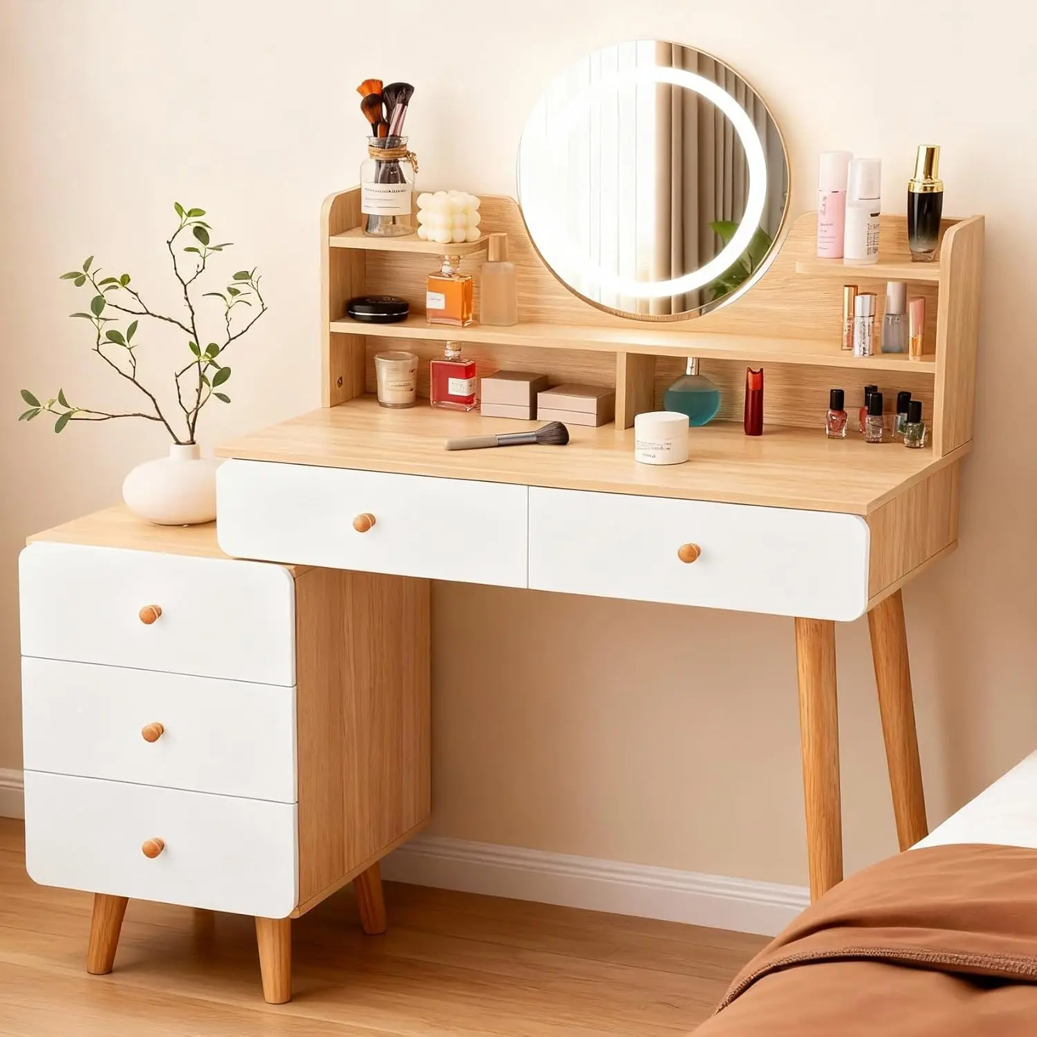 Schminktisch mit LED-Beleuchtung und Spiegel, 3 Farben, Schminktisch mit 5 Schubladen und Ablagefächern, Kosmetiktisch mit