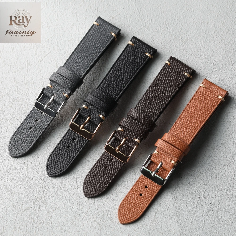 Handgefertigtes italienisches Rindslederarmband, 18 19 20 21 22 mm, weiches, ultradünnes Lederarmband mit Kreuzmuster, Herrenuhrenkette im Vintage-Stil Image