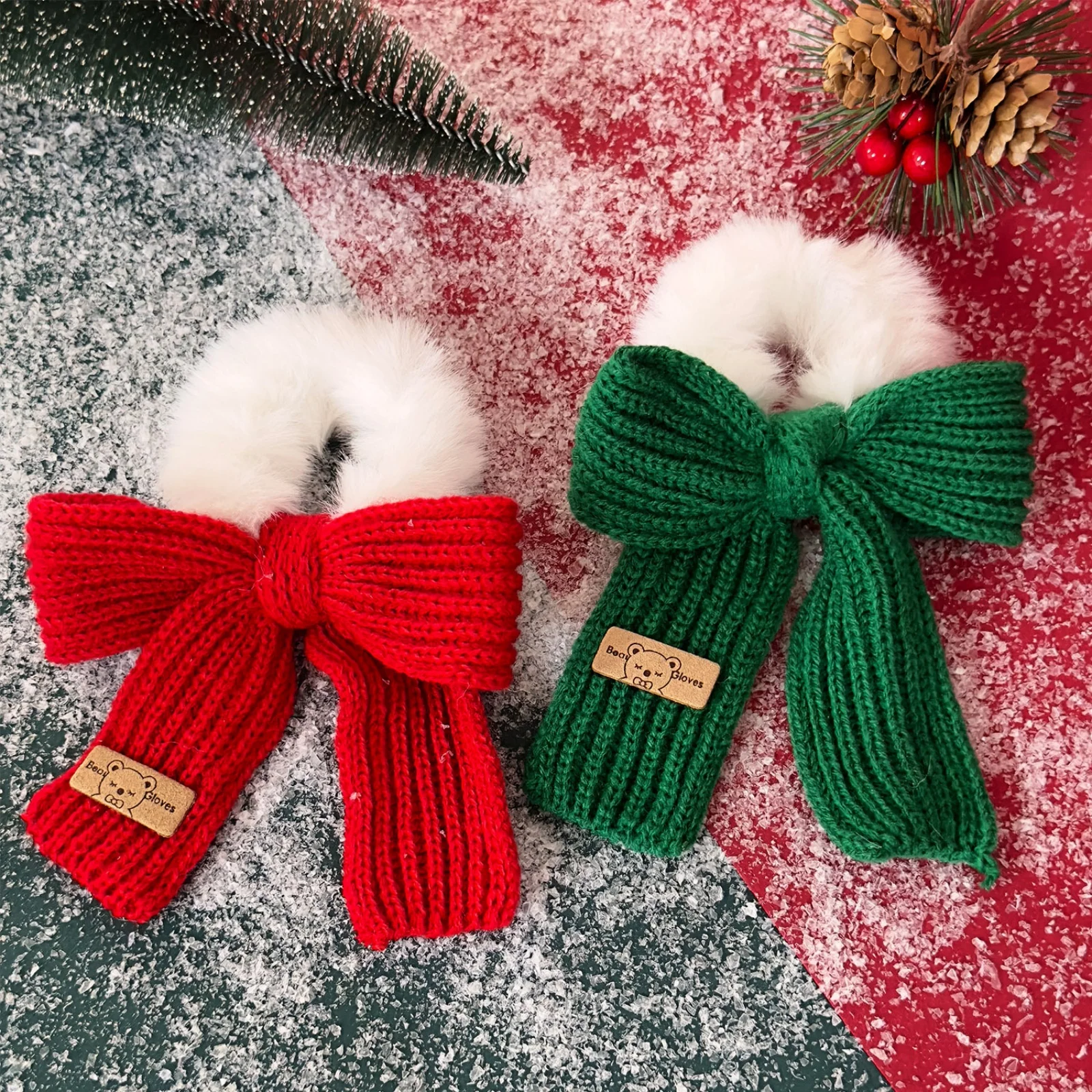 1/2 Stück Weihnachts-Haargummis mit gestrickter Schleife, flauschiges Fell, elastische Haargummis, rot-grün, festlicher Haarschmuck für Frauen, süß Image
