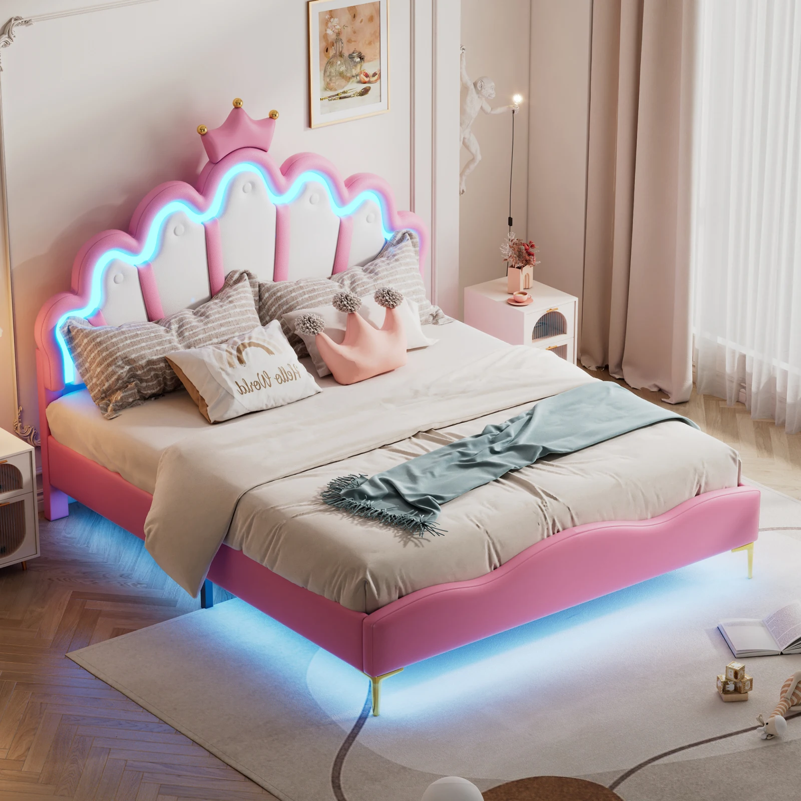 Anajqaqia 90/140×200 cm Kinderbett Einzelbett, Crown Princess Bett mit Stauraum, Schubladen, LED-Kopfteil und Lattenrost Image
