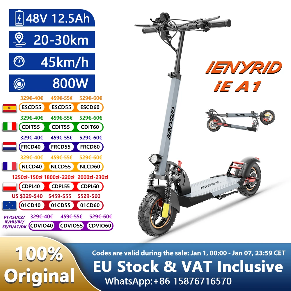 Leistungsstarker 800-W-Elektroroller, 48 V, 12,5 Ah, Höchstgeschwindigkeit 45 km/h, 30 km Reichweite, 10-Zoll-Reifen, doppelter stoßdämpfender, zusammenklappbarer EScooter für Erwachsene Image