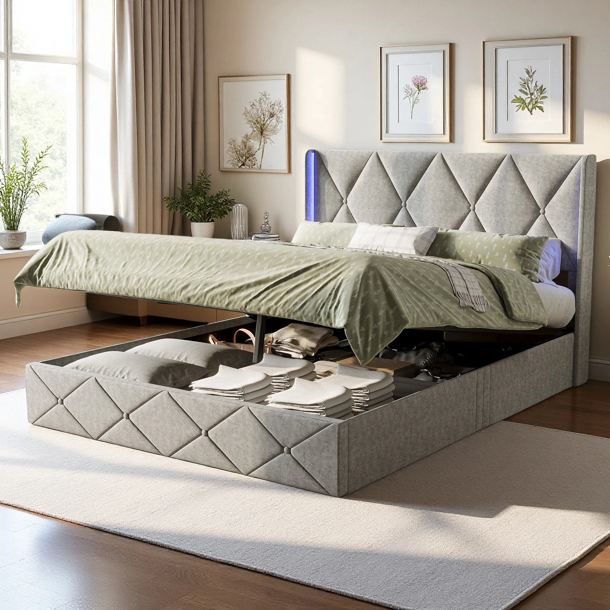 WoodenAura Bettgestell (160 x 200 cm) mit Stauraum, hydraulisches Bett (160 x 200 cm) mit LED-Beleuchtung und Lattenrost, Samt, grau Image