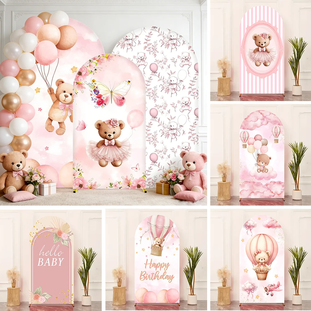 Rosa Teddybär Geburtstagsbogen Hintergrund Stretch-Stoff Baby-Shower Kindergeburtstag Party Dekoration Hintergrund Fotostudio Zubehör Image