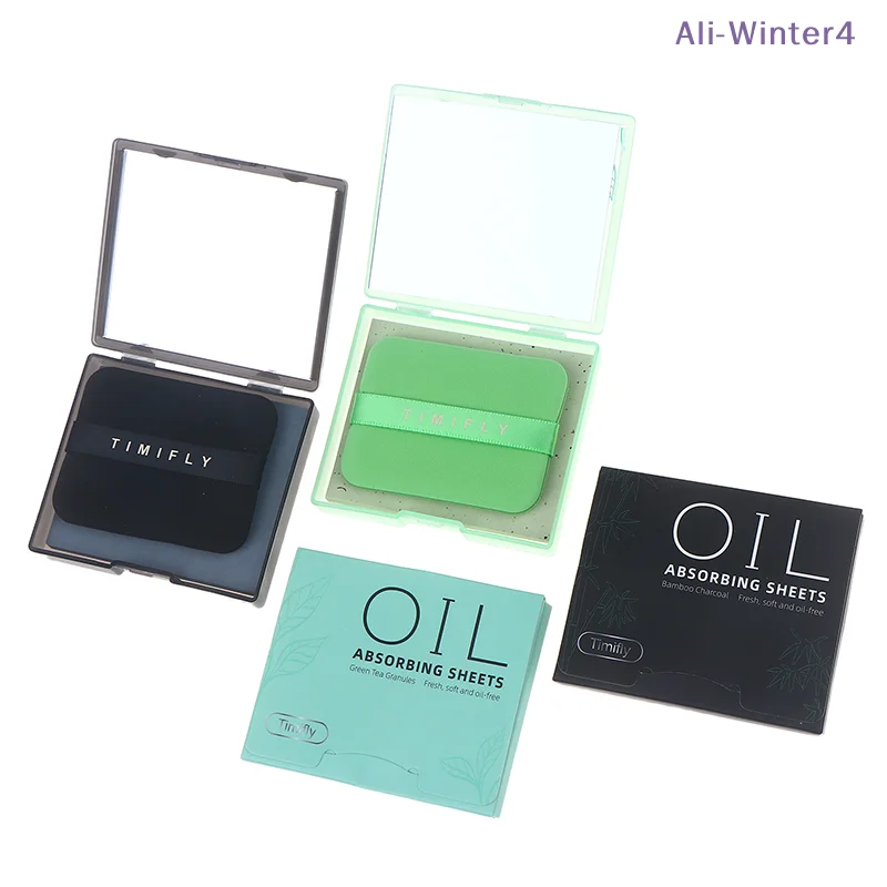 {Winter4} 100 Blatt/Box Öl-Absorbierendes Papier mit Spiegel & Puderquaste, tragbares Öl-Absorbierendes Bambuskohle-Papier für Make-up Image