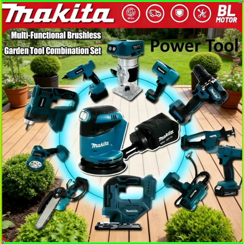 Makita Set mit bürstenlosem, kabellosem Schlagbohrschrauber, Winkelschleifer, elektromechanischer Kreissäge und Heißluftpistole Image