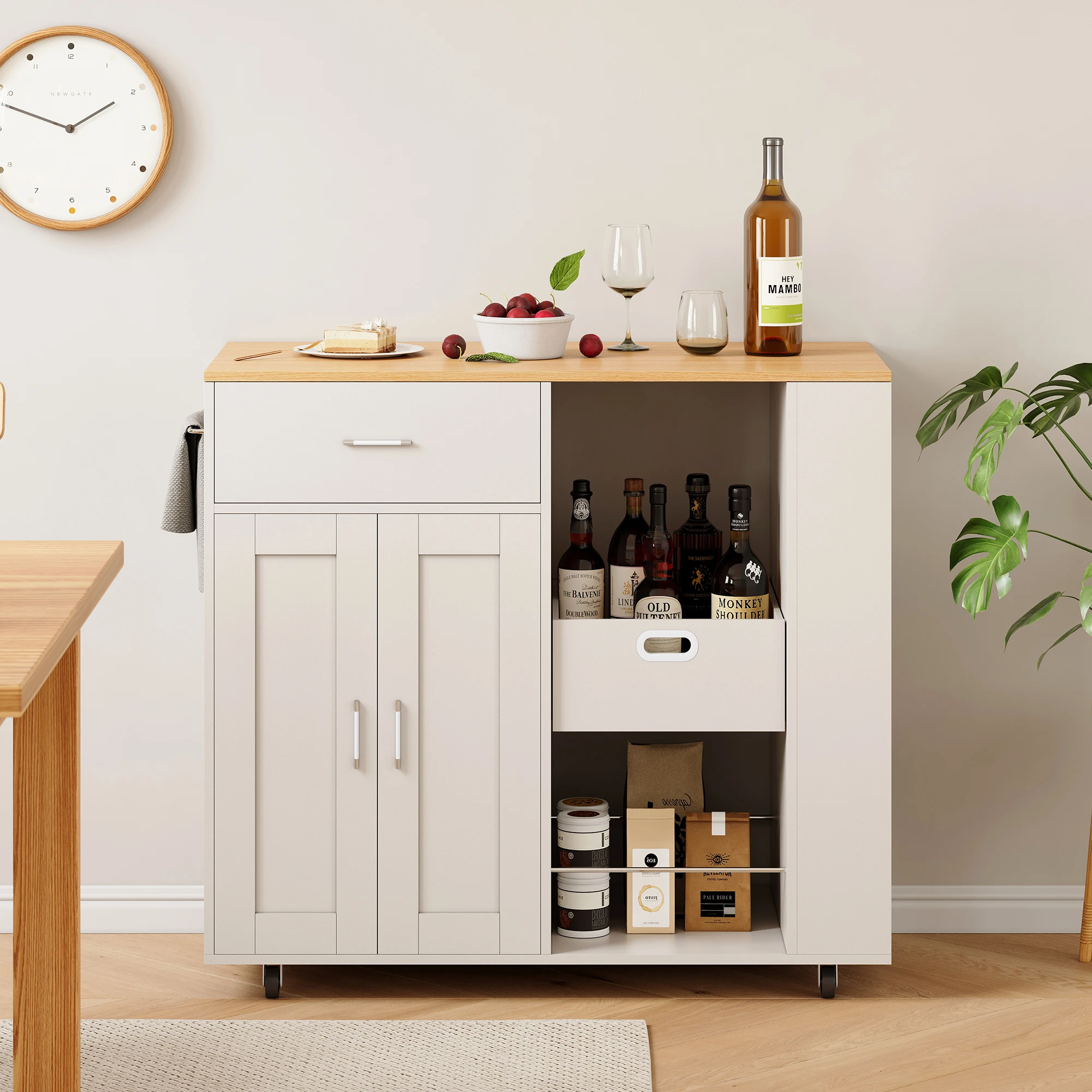 Anajqaqia 102×46×92cm Küchenschrank mit Eichenholz-Arbeitsplatte, Seitenregalen, Küchenwagen, Sideboard und rollbaren Kücheninseln Image