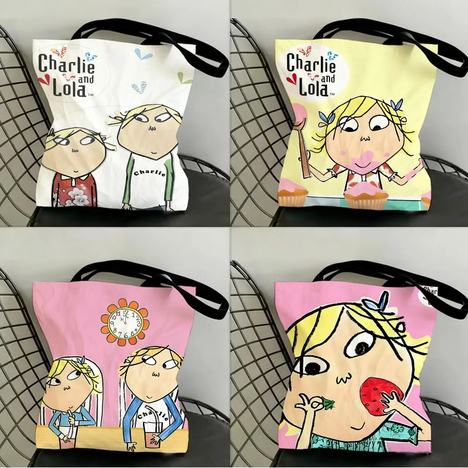 Charlie und Lola Anime Aufbewahrungstaschen, Canvas-Tragetasche, doppelseitiger Druck, modische Schulter-Einkaufstasche, Geschenk-Handtaschen