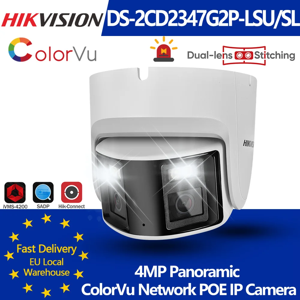 Hikvision 4MP Panorama ColorVu Turret IP-Kamera DS-2CD2347G2P-LSU/SL Sicherheitskamera mit Doppellinse, Farbnachtsicht, integriertem Mikrofon und Lautsprecher Image