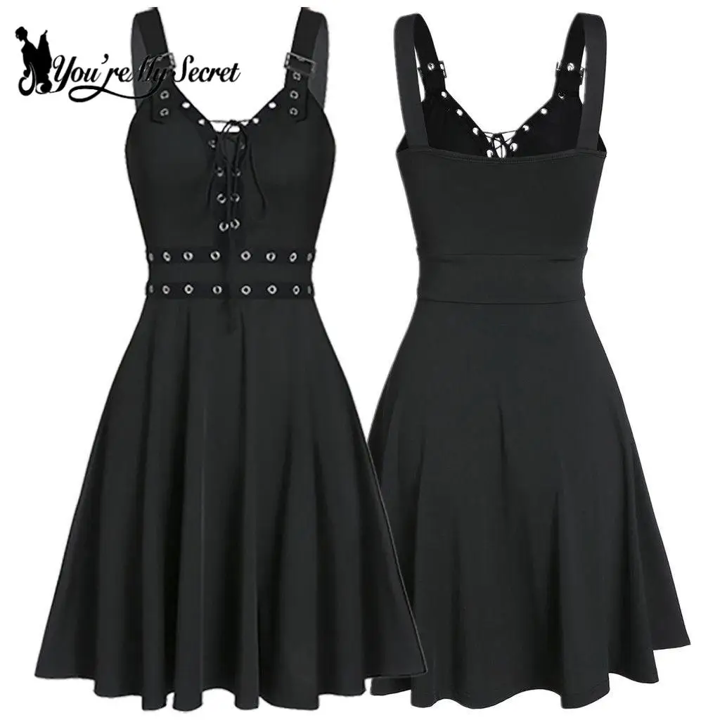 Schwarz Punk Kleid Frauen Sommerkleid Punk Stil Robe Gothic Slip Kleid Vintage Medieval Outfit Frühling Streetwear Sommer Kleidung