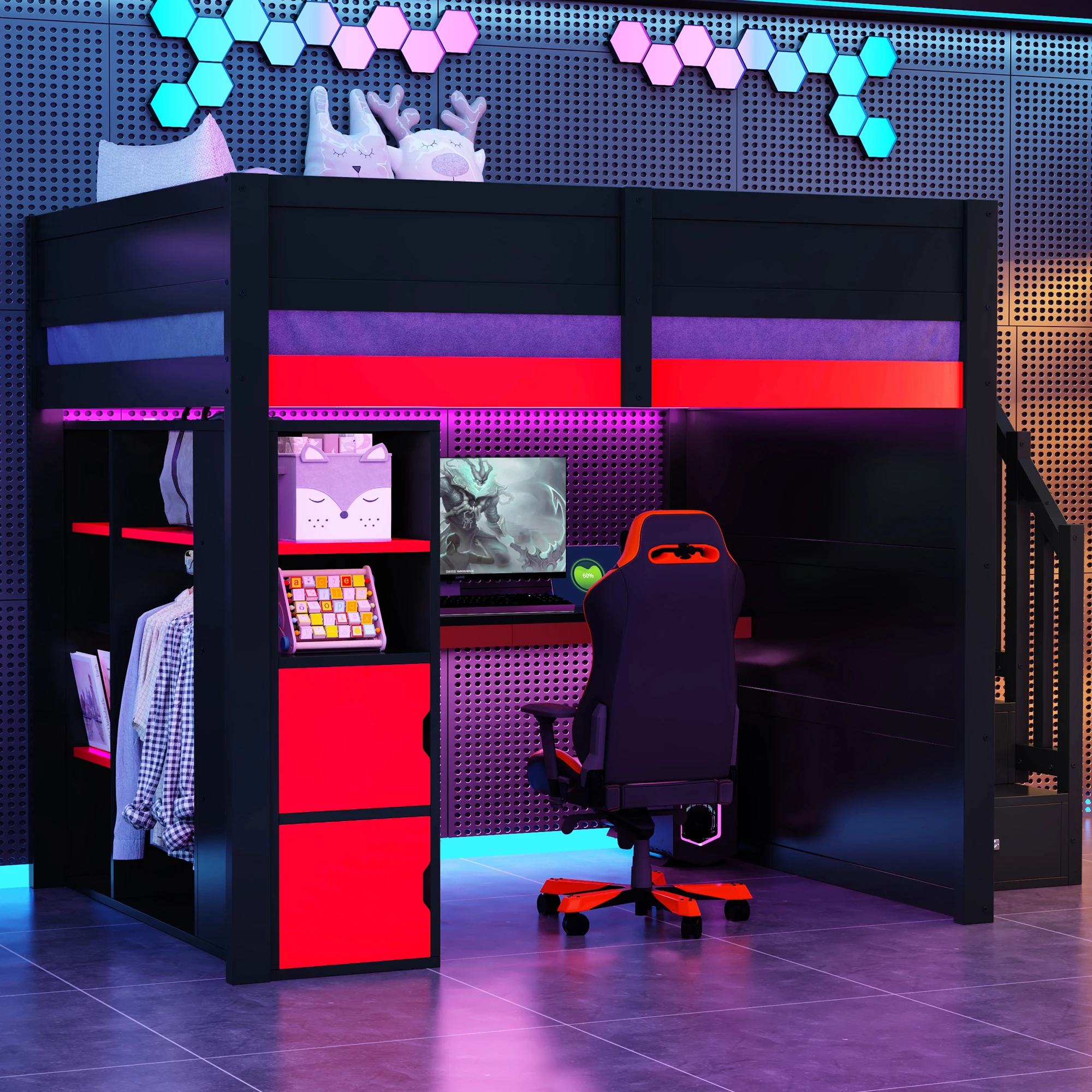 140x200 Gaming-Holz-Hochbett mit Schreibtisch, Mehrstufigem Stauraum, LED-Beleuchtung, USB-Ladeanschluss und Schwarzer Treppe mit Stauraum Image