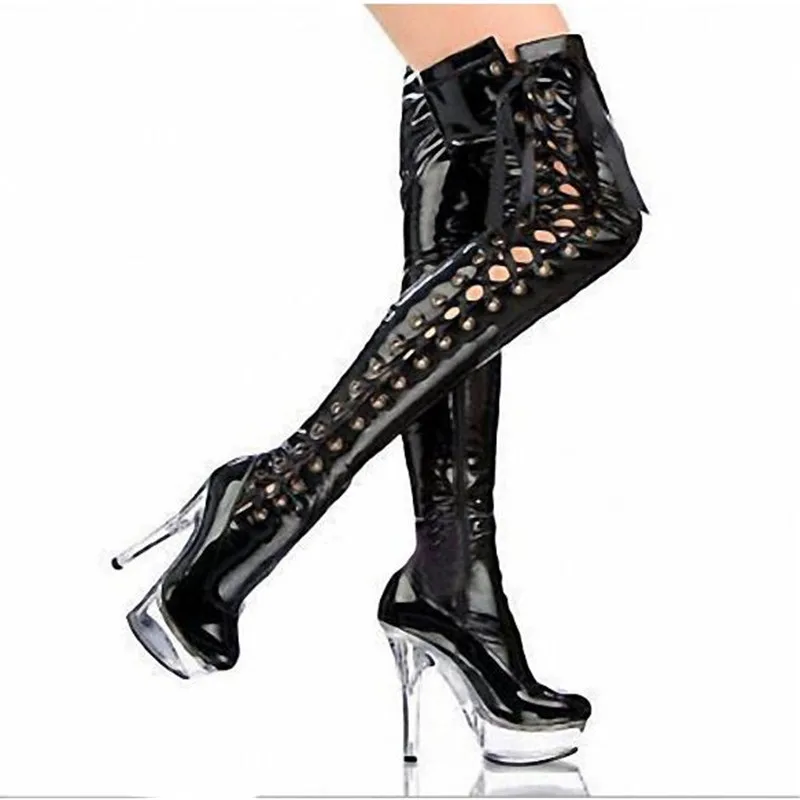Neue Hohe Qualität Über Knie Stiefel Mädchen Lace Up Mode frauen Stiefel 15 cm Stiletto Heels Heißer Verkauf frauen Schuhe 35-46