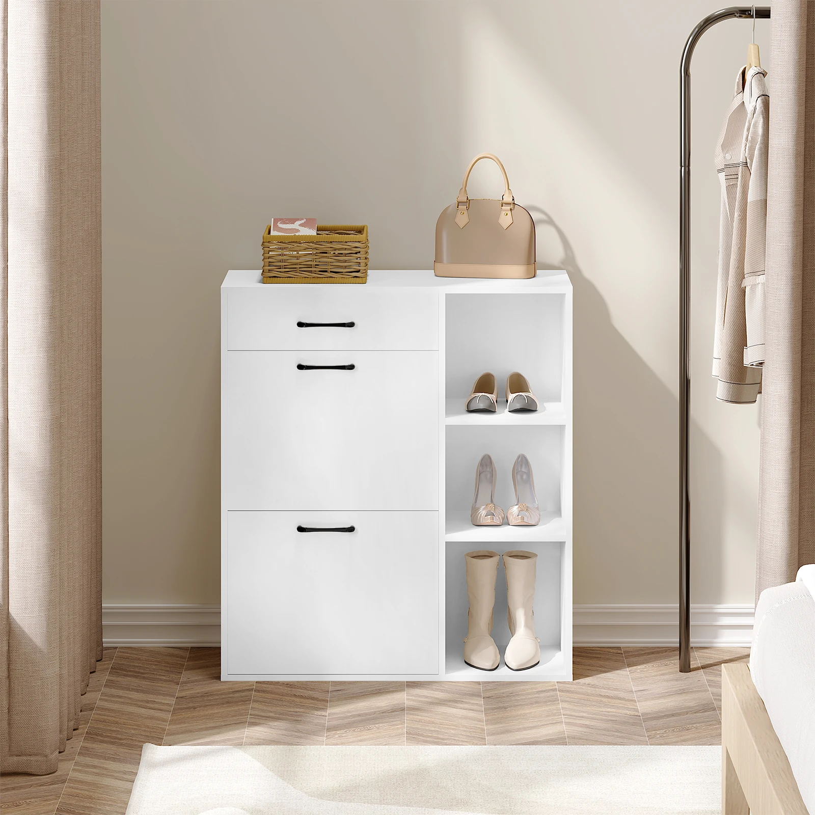 WOLTU 3-stufiges, schmales, hohes Schuhregal, weißer Schuhschrank mit Schublade, 80 x 90 x 30 cm, aufklappbare Fächer, Organizer für den Haushalt